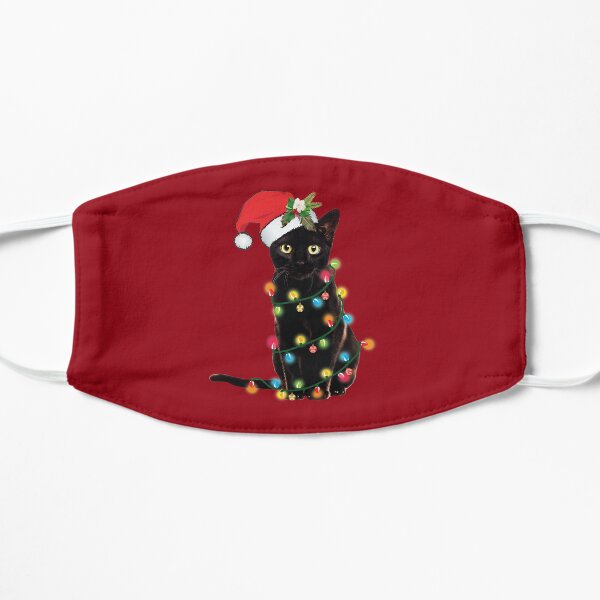 Black Santa Cat Tangled Up In Lights Christmas Santa Illustration Flat Mask