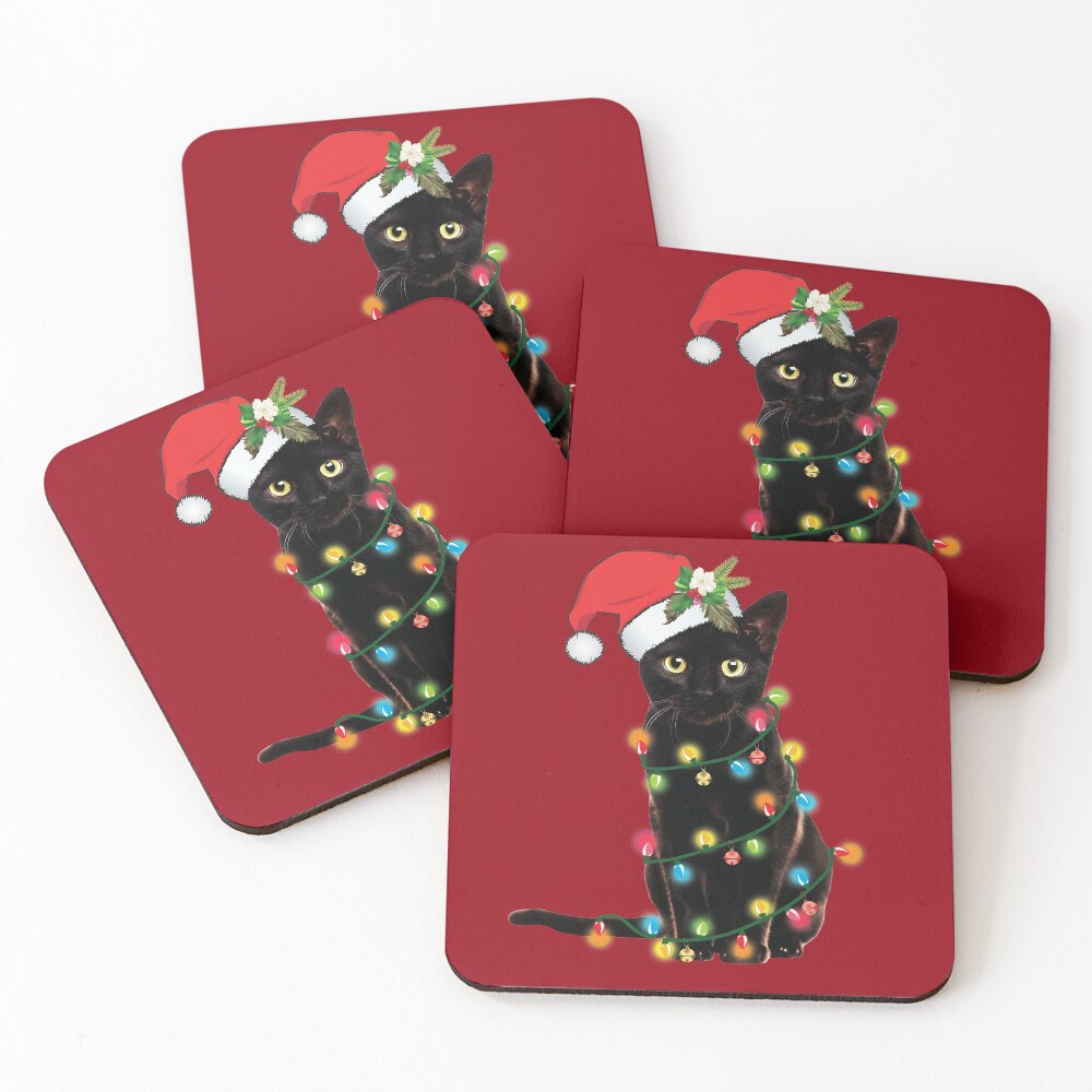 Santa Black Cat Tangled Up In Christmas Tree Lights Holiday Coasters (Set of 4)