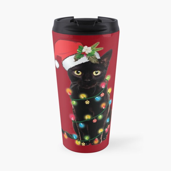 Black Santa Cat Tangled Up In Lights Christmas Santa Illustration Travel Mug