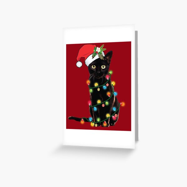 Black Santa Cat Tangled Up In Lights Christmas Santa Illustration Greeting Card