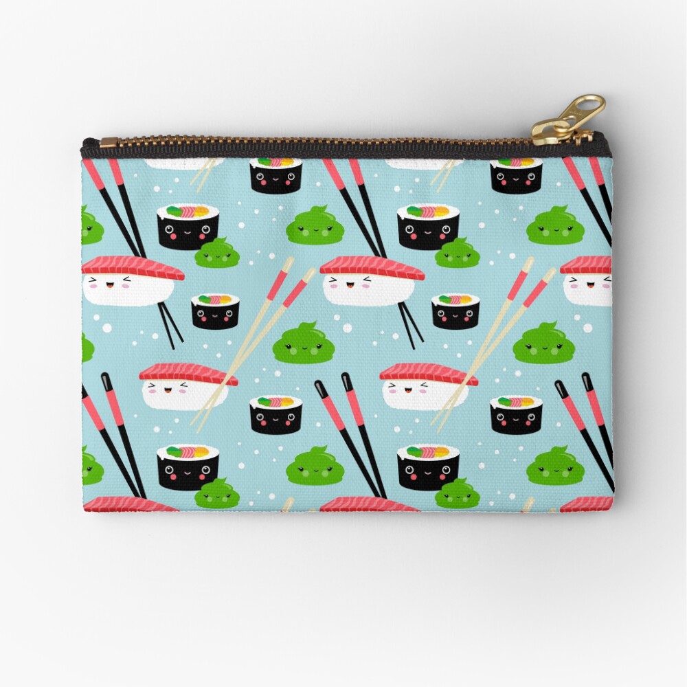 Kinderzimmerillustration im japanischen Kawaiian-Stil mit Nigiri-Sushi, Maki und Wasabi Täschchen