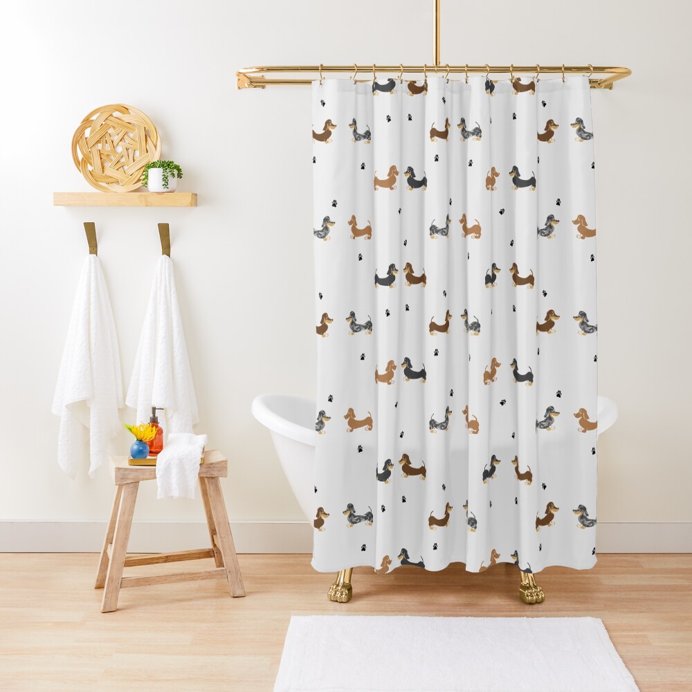 "Lots of Sausage dogs and paws" Shower Curtain for Sale by