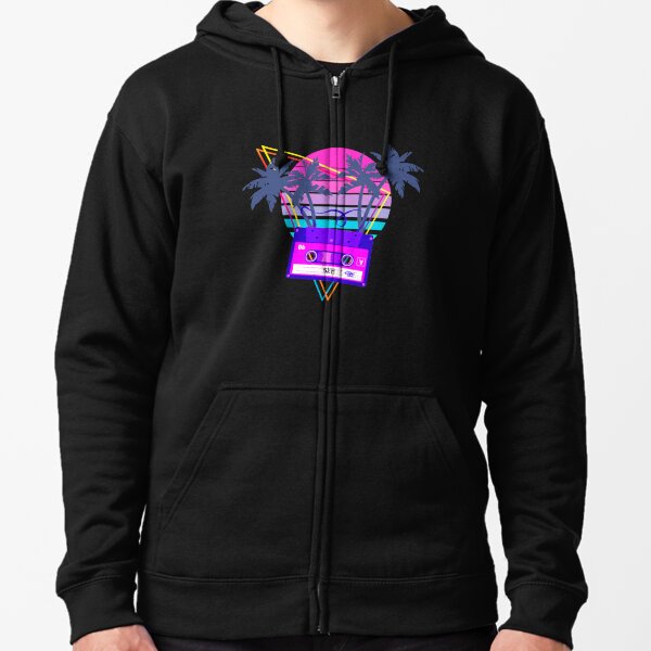 90s Vaporwave Sunset Cassette Tape in Outrun Synthwave style design Zipped Hoodie