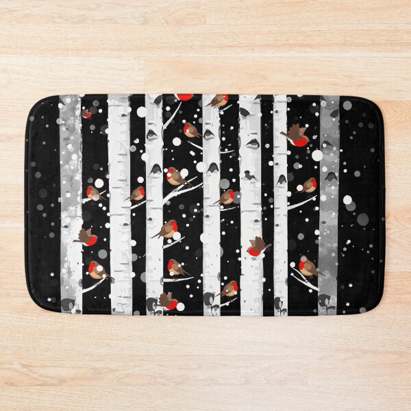 Item preview, Birch trees snow forest and robin bird, this is redbreast in winter forest, perfect for natura lovers designed and sold by Collagedream.