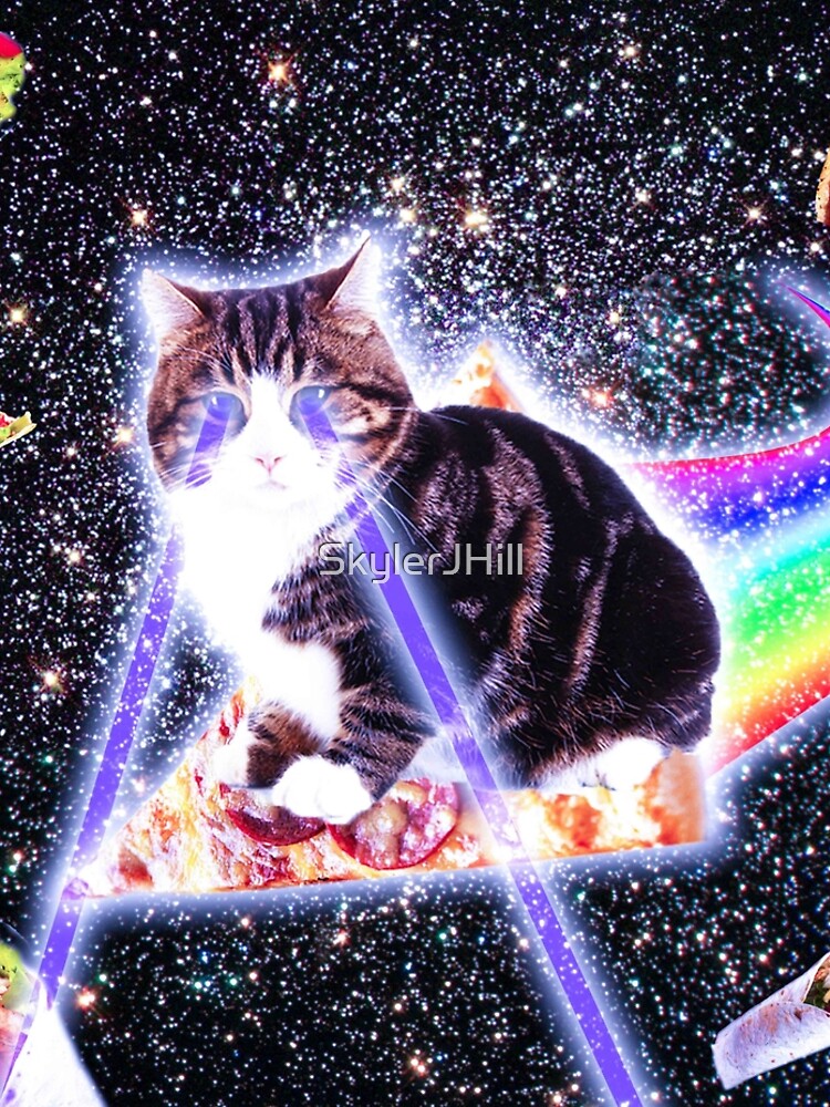 Discover Laser Eyes Space Cat Riding Rainbow Pizza Leggings