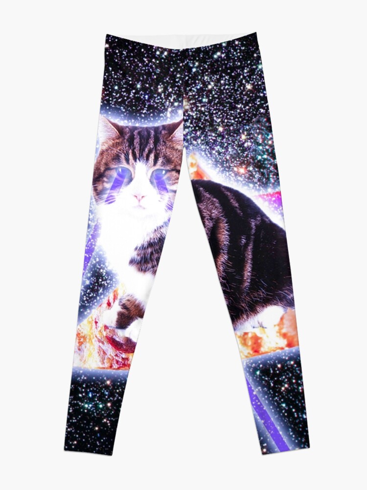 Discover Laser Eyes Space Cat Riding Rainbow Pizza Leggings