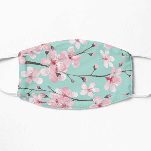 cherry blossom on mint, pink cherry blossom watercolor Flat Mask