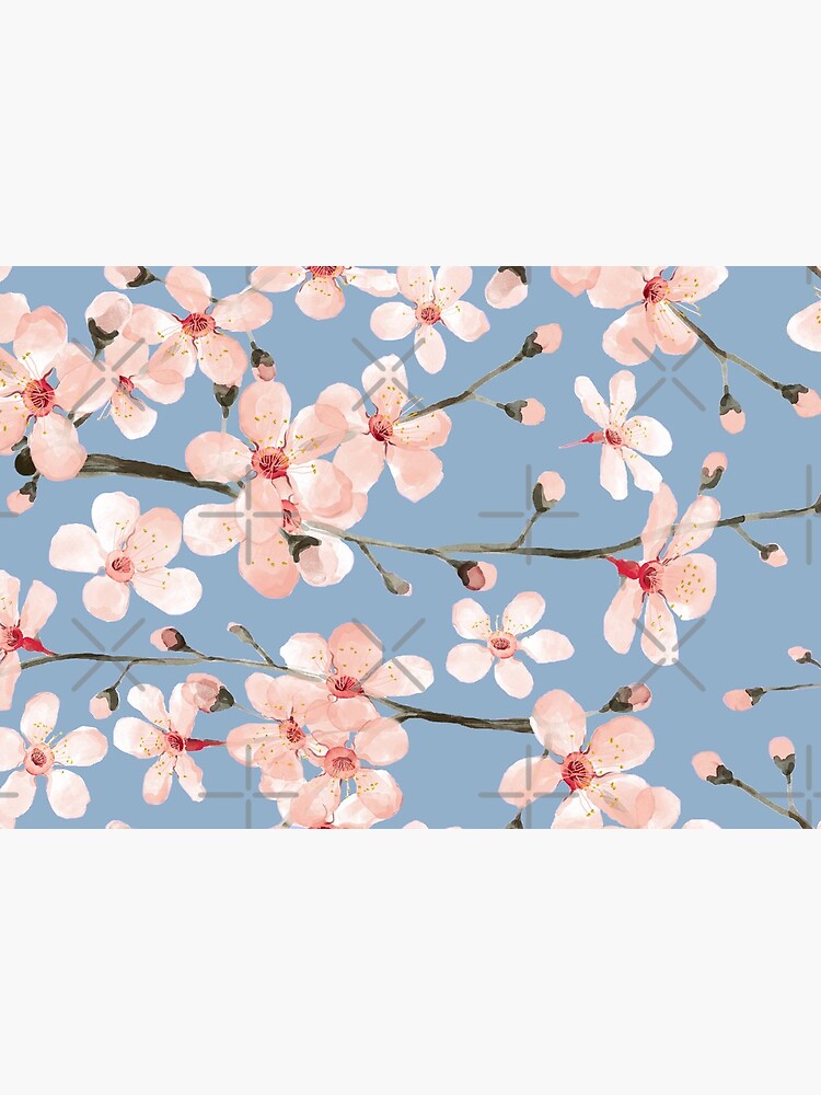 Cherry Blossom, blush pink watercolor on slate blue by MagentaRose
