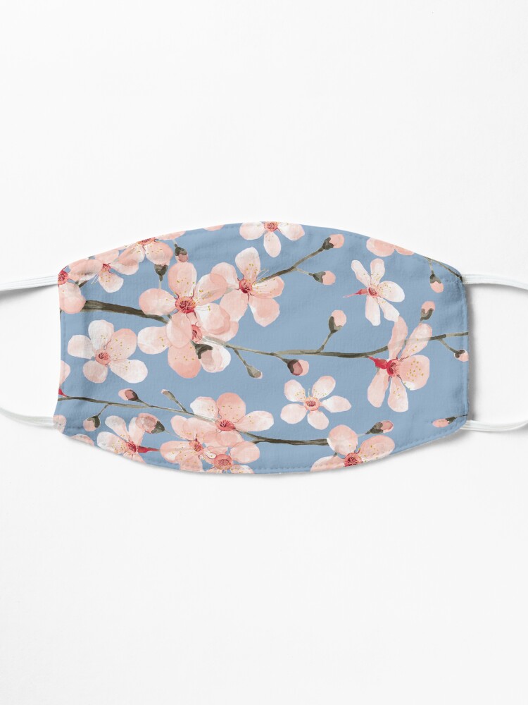 Alternate view of Cherry Blossom, blush pink watercolor on slate blue Mask