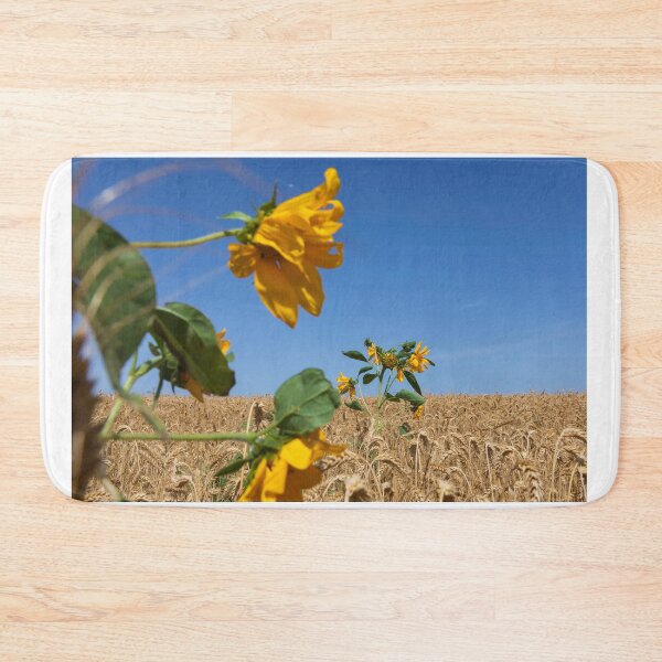 Item preview, Head of a blooming sunflower flower close-up on a background of blue sky and a field of ripe wheat designed and sold by EG Creativity Art.