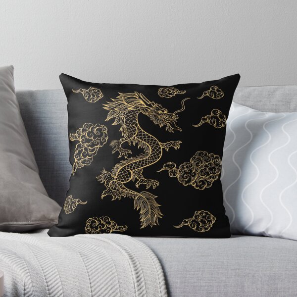 Golden Chinese Dragon Dancing Among the Clouds Throw Pillow