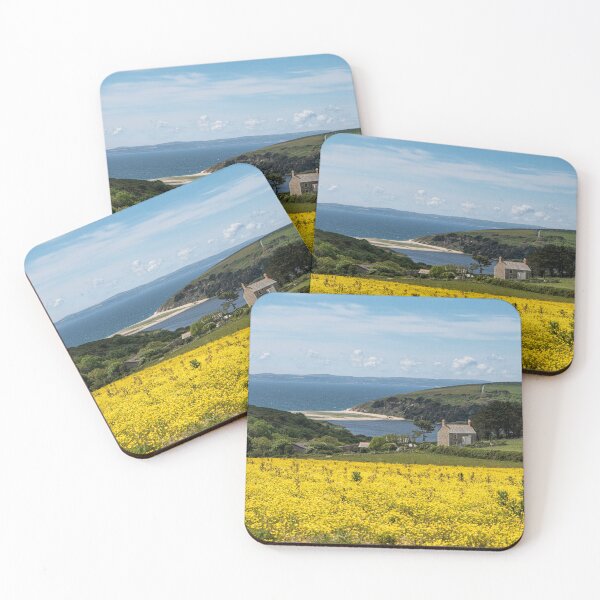 Item preview, Penrose Cornwall farmland woodland natural lake loe pool loe,loe bar Cornwall with yellow spring flowers designed and sold by kathleenjean.