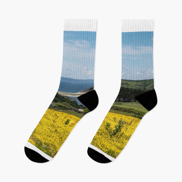 Item preview, Penrose Cornwall farmland woodland natural lake loe pool loe,loe bar Cornwall with yellow spring flowers designed and sold by kathleenjean.