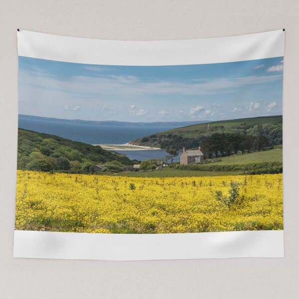 Item preview, Penrose Cornwall farmland woodland natural lake loe pool loe,loe bar Cornwall with yellow spring flowers designed and sold by kathleenjean.