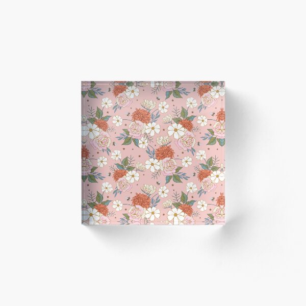 Retro Roses on Coral Pink Acrylic Block