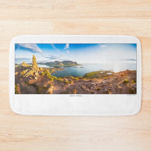 Item preview, Panoramic image shot from the top of the Hoven mountain at midnight, Gimsøya island, Lofoten, Norway designed and sold by AndreasPrott.