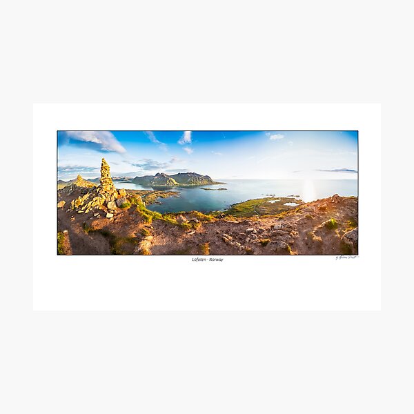 Panoramic image shot from the top of the Hoven mountain at midnight, Gimsøya island, Lofoten, Norway Photographic Print