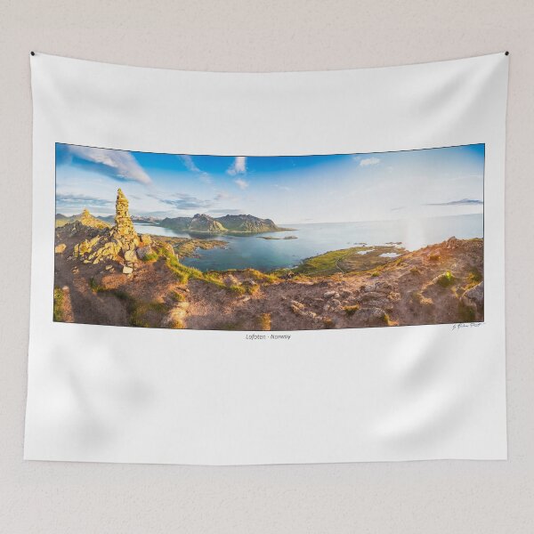Item preview, Panoramic image shot from the top of the Hoven mountain at midnight, Gimsøya island, Lofoten, Norway designed and sold by AndreasPrott.