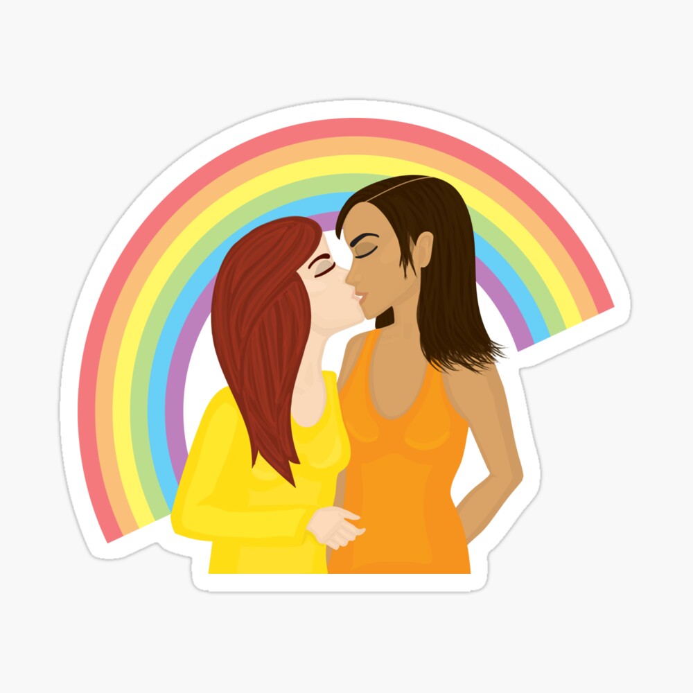 Girls kissing under the rainbow