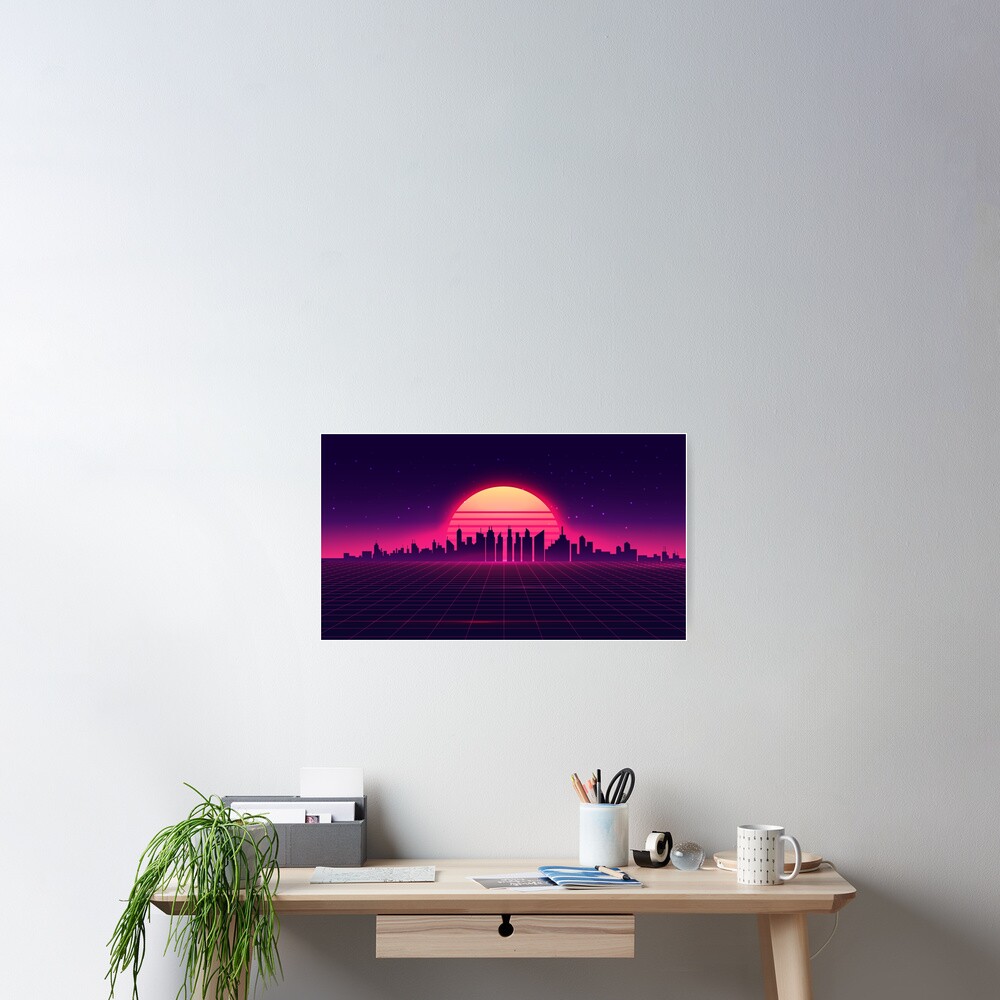 Retro Vaporwave City Skyline Poster
