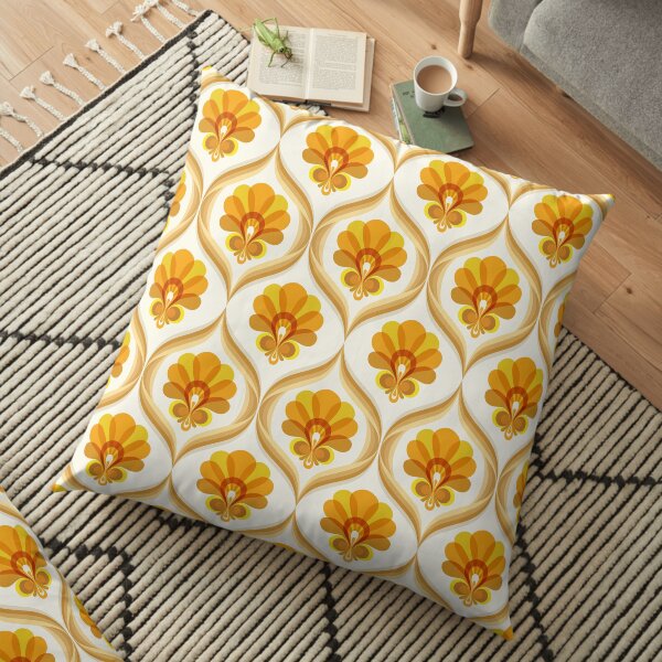 Ivory, Orange, Yellow and Brown Floral Retro Vintage Pattern Floor Pillow