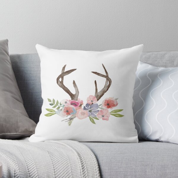 Rustic Watercolor Wildflowers and Antlers Throw Pillow