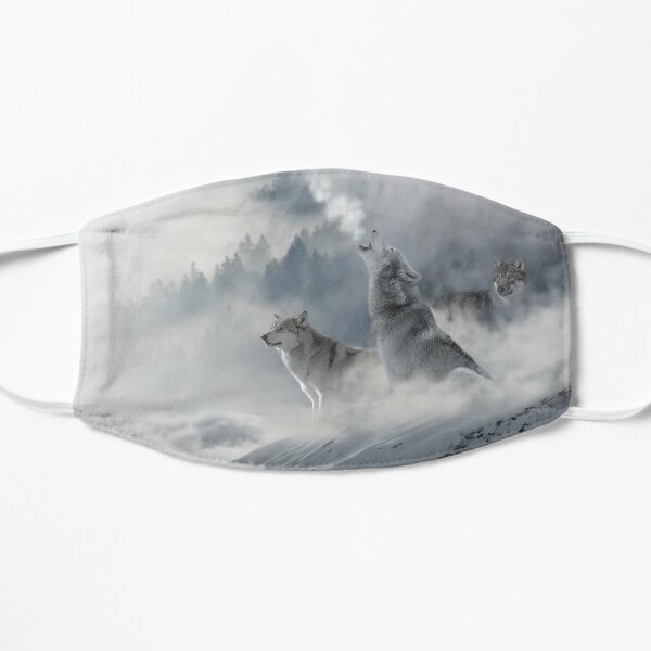 Wolf wolves howling in the fog face mask Flat Mask