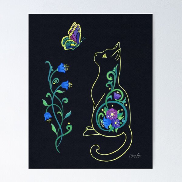Gato negro y mariposa arcoiris Art Print Póster