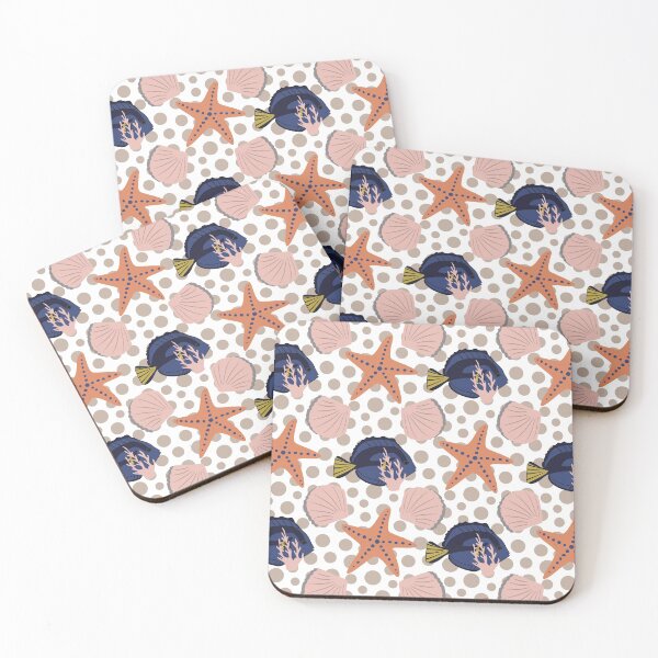 Item preview, Beautiful Beach Collection 03 White with Spots Surgeon fish, pink shells and starfish.  designed and sold by CJAura by Claire Jane Johnson.