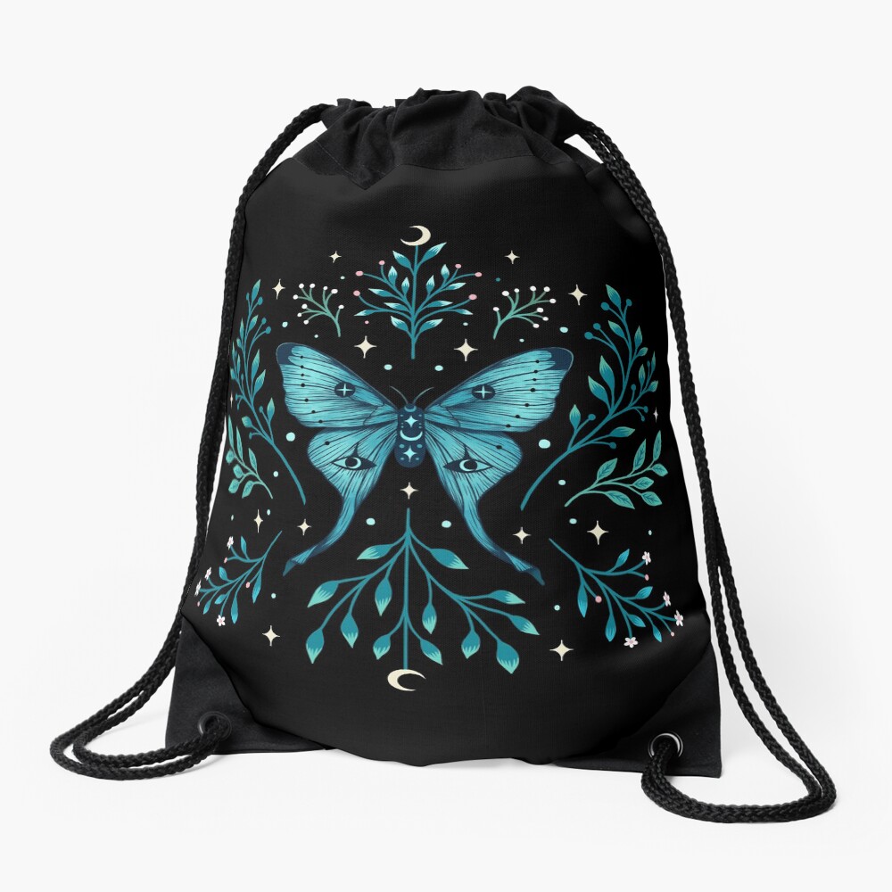 Mystical Moon Moth - Turquoise Drawstring Bag