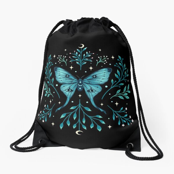 Mystical Moon Moth - Turquoise  Drawstring Bag
