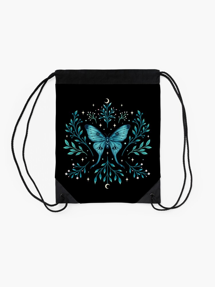 Alternate view of Mystical Moon Moth - Turquoise  Drawstring Bag