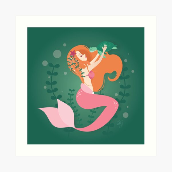 Ginger Mermaid and Turtle Art Print