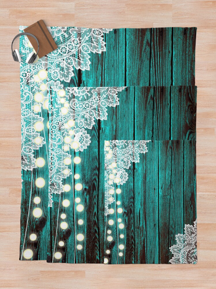 rustic country turquoise teal woodgrain barn wood white lace string lights  Throw Blanket