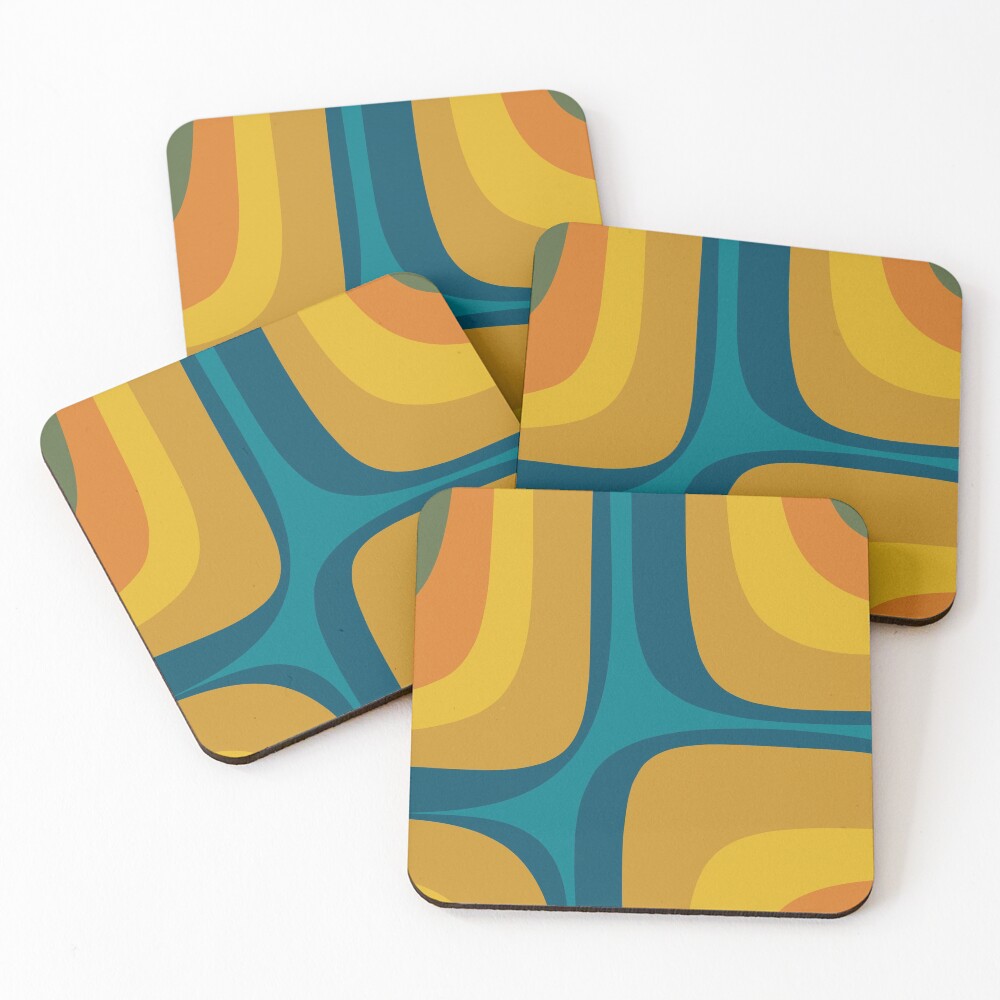 Retro Groove Pattern Mustard Teal Coasters (Set of 4)