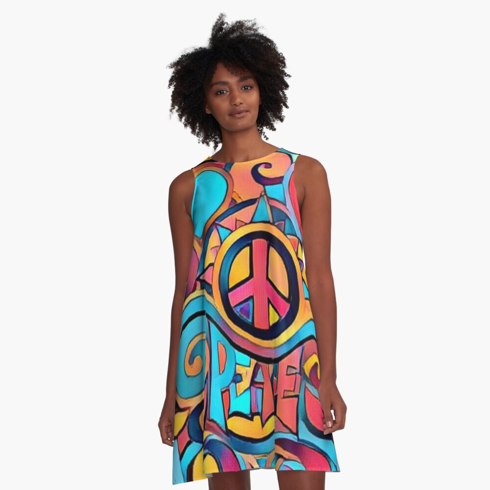 Peace and Love Colorful Retro Art A-Line Dress