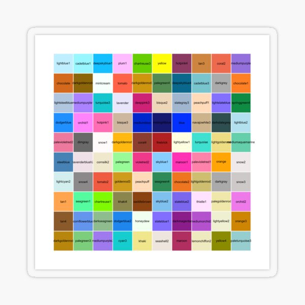 100 random (non-gray) colors and their names in R Transparent Sticker