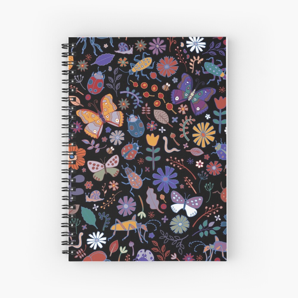 Butterflies, beetles and blooms - black - pretty floral pattern by Cecca Designs Spiral Notebook