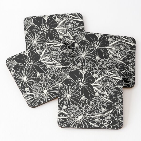 Item preview, White floral lines on black background designed and sold by susyrdesign.