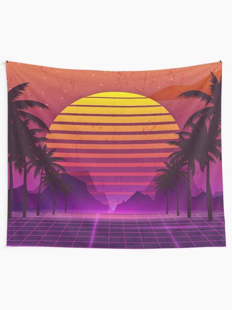 Alternate view of 80's Palm Trees Sunset Vaporwave Tapestry