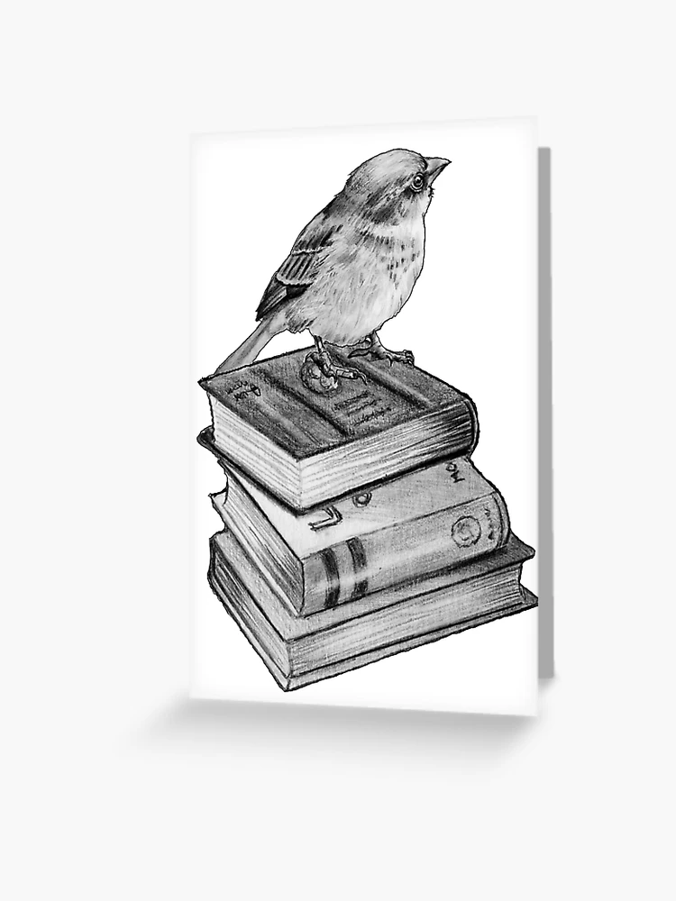 Little Bird Perched on Stack of Books, Pencil Art, Wildlife