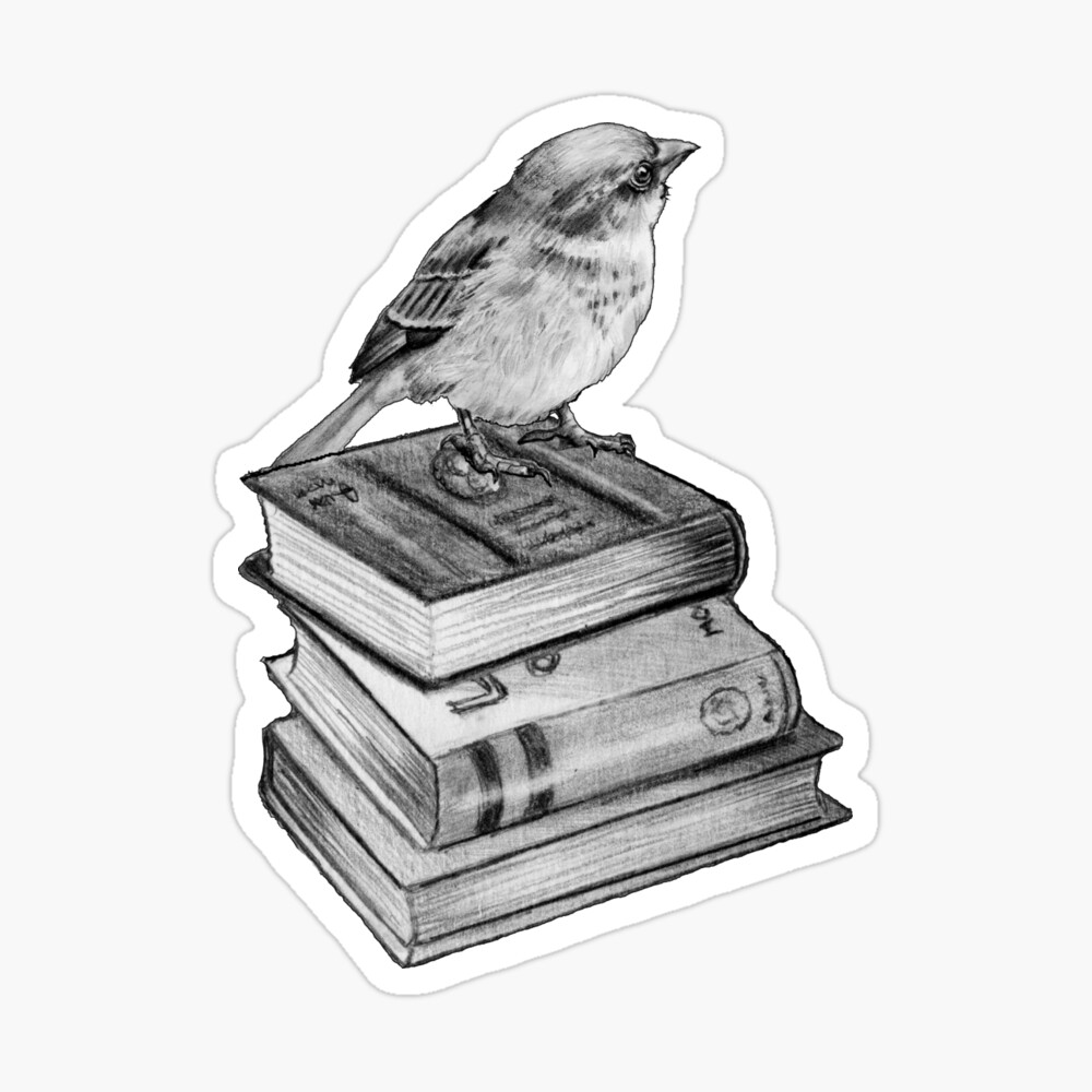 Little Bird Perched on Stack of Books, Pencil Art, Wildlife | Art Board  Print