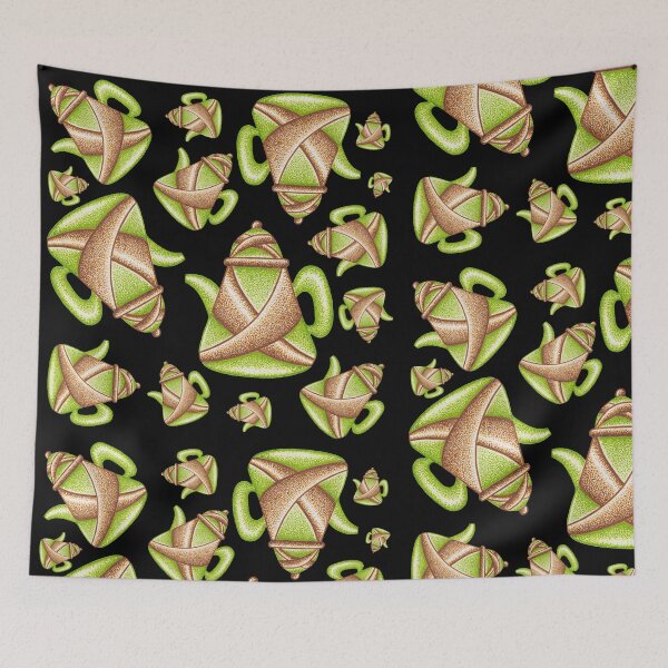 Item preview, Green and brown teapot ponitillism painting repeating pattern designed and sold by MitoP.