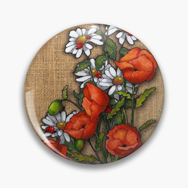 Item preview, Bright Red Poppies and White Daisies on Burlap, Ladybugs, Flower Art designed and sold by JoyfulWhimsy.
