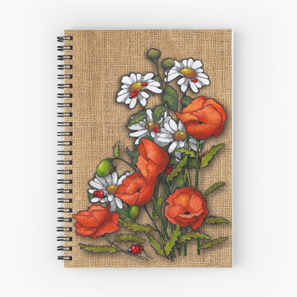 Item preview, Amapolas rojas brillantes y margaritas blancas en arpillera, mariquitas, arte floral designed and sold by JoyfulWhimsy.