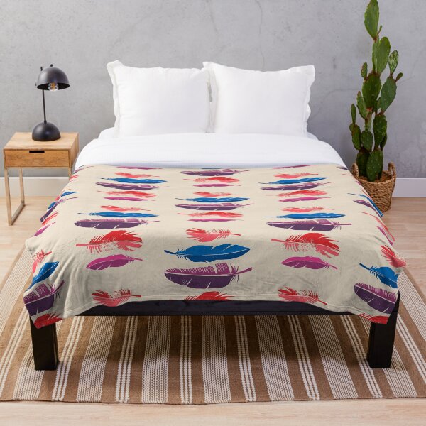 Printed feathers illustration in blue, purple, red and pink Throw Blanket