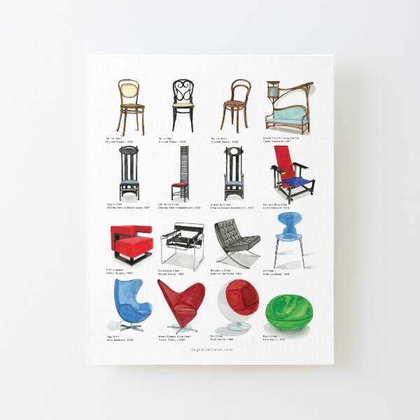 Mid Century Chairs Collection Watercolor - Famous Chairs - History of Chairs - Furniture Art Canvas Mounted Print