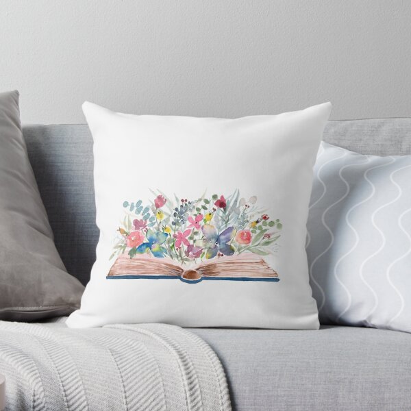 Watercolor Open Book with Florals Throw Pillow