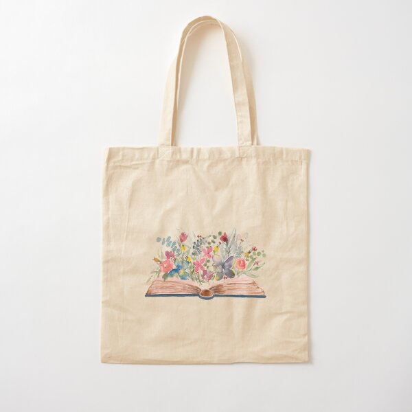 Watercolor Open Book with Florals Cotton Tote Bag