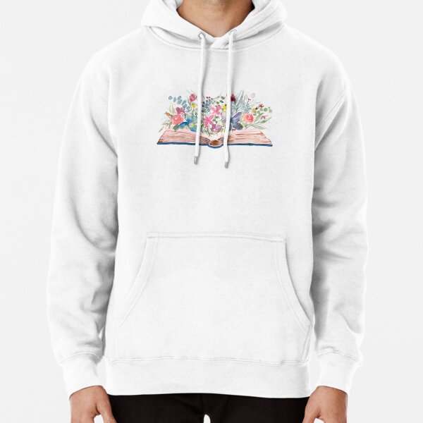 Watercolor Open Book with Florals Pullover Hoodie